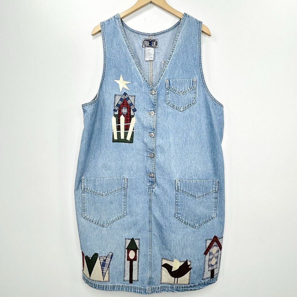 True Blue Dress 1X Denim Cotton Midi Cottagecore Boho Country Farm Patchwork 90s